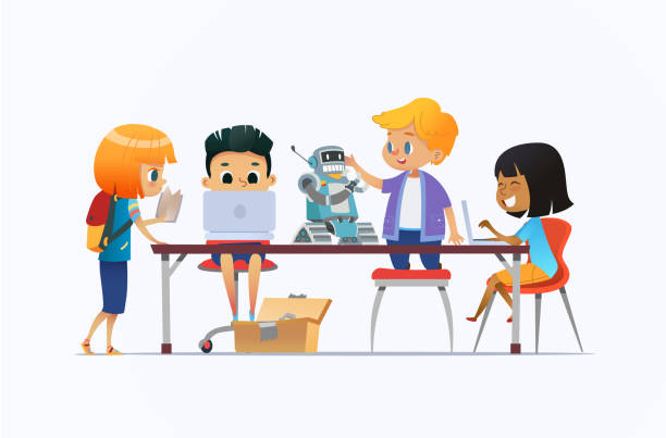 A friendly robot character interacting with children in an educational environment